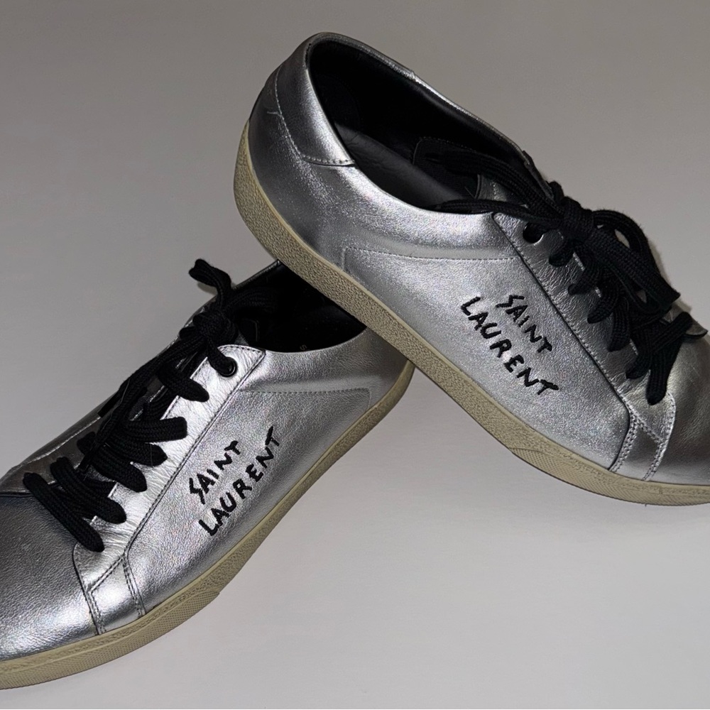 Saint Laurent Metallic Silver Sneakers with Black Accents